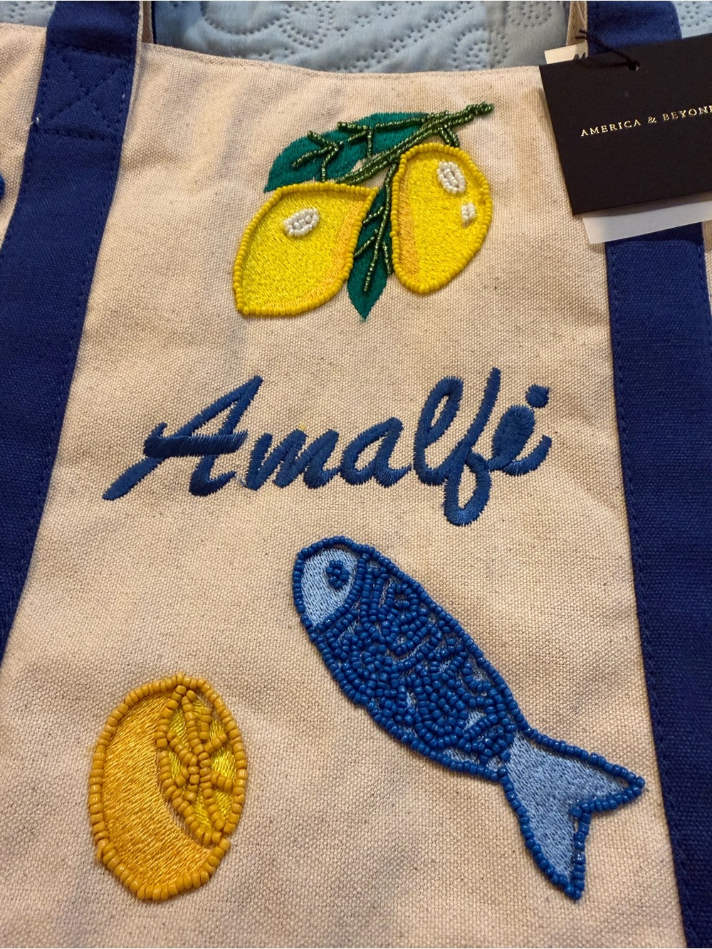 NWT VIRAL America & Beyond Embroidered Beaded Amalfi Canvas Tote Bag - Picture 3 of 7
